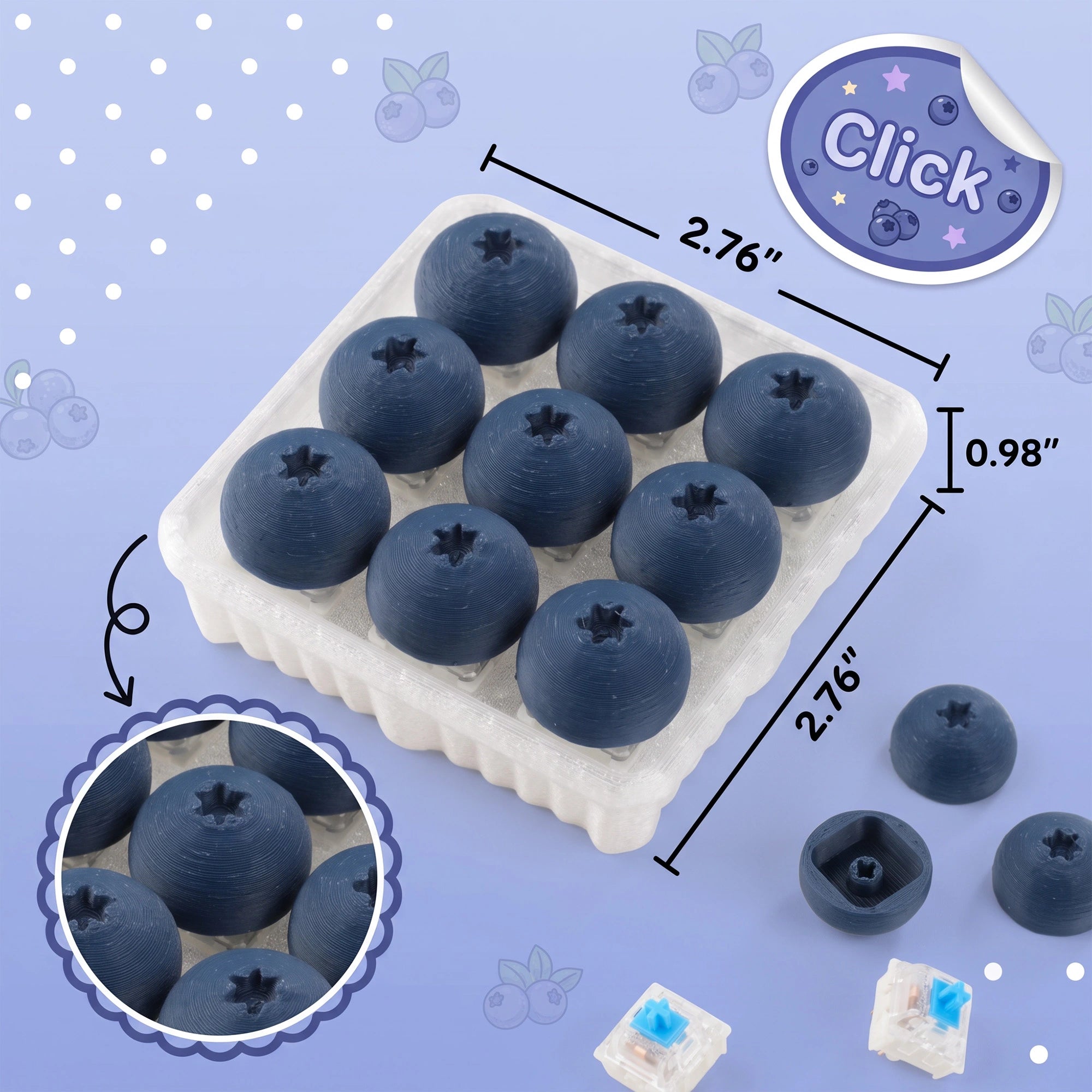 A set of 12 blueberry-shaped snap buttons